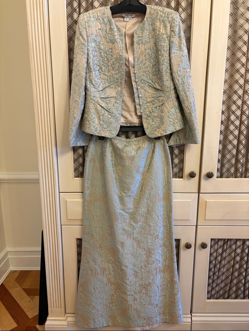 Vintage 90s Kay Unger Blue Brocade Two-Piece Skirt/jacket w Rhinestone Buttons